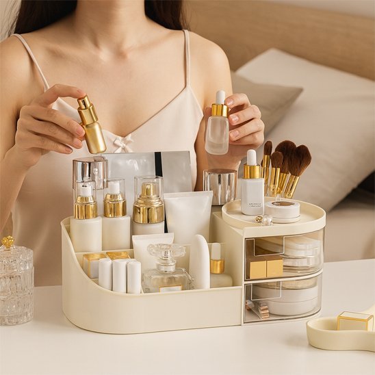 femme devant son organisateur maquillage sharporganiser blanc