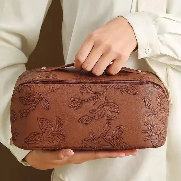 FloralBox trousse maquillage cuir PU floral embossé – vue principale grande capacité