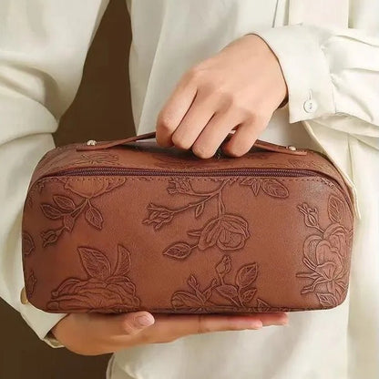 FloralBox trousse maquillage cuir PU floral embossé – vue principale grande capacité