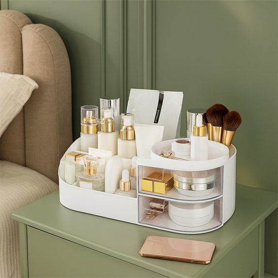 organisateur maquillage sharporganiser blanc sur table