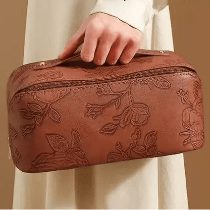 trousse maquillage cuir pu floral embossé grande capacité vue légère et compacte