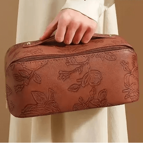 trousse maquillage cuir pu floral embossé grande capacité vue légère et compacte