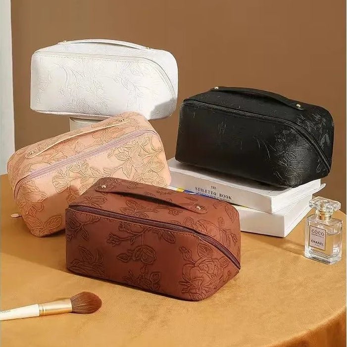 Trousse maquillage cuir PU floral embossé multicolore – sac cosmétique voyage élégant