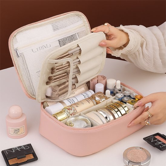 trousse maquillage maquisac rose ouverte compartimentee